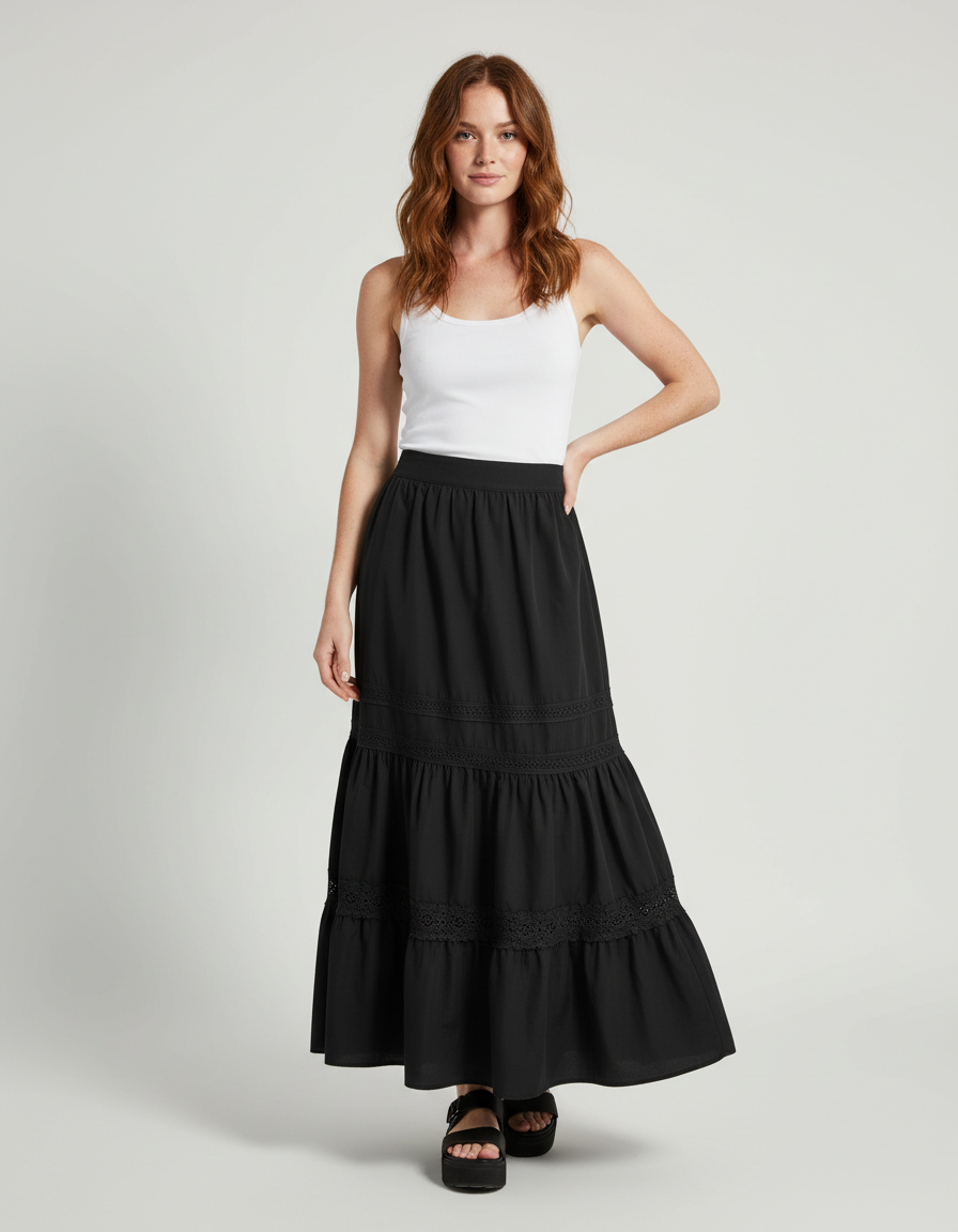 Jupe Longue Noir À Volants Bohème