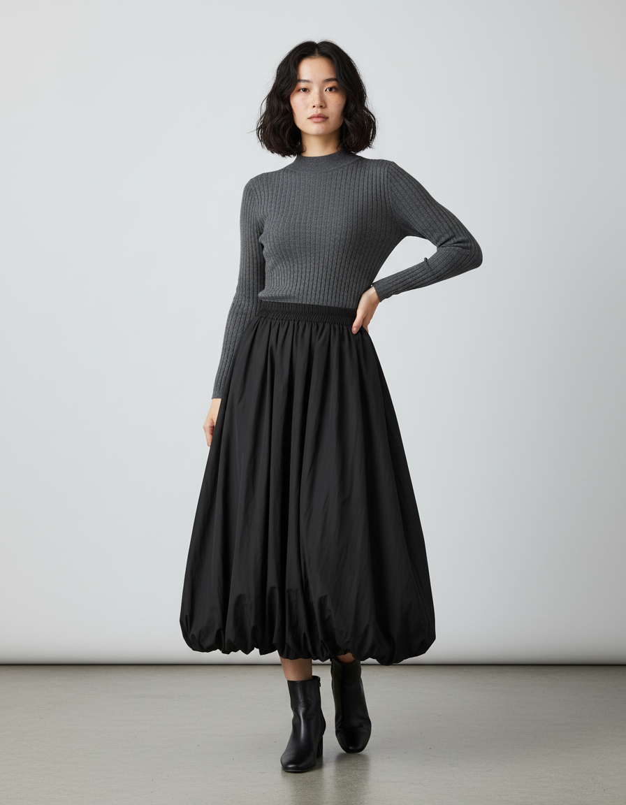 Jupe Longue Noire Coupe Lanterne Élégante