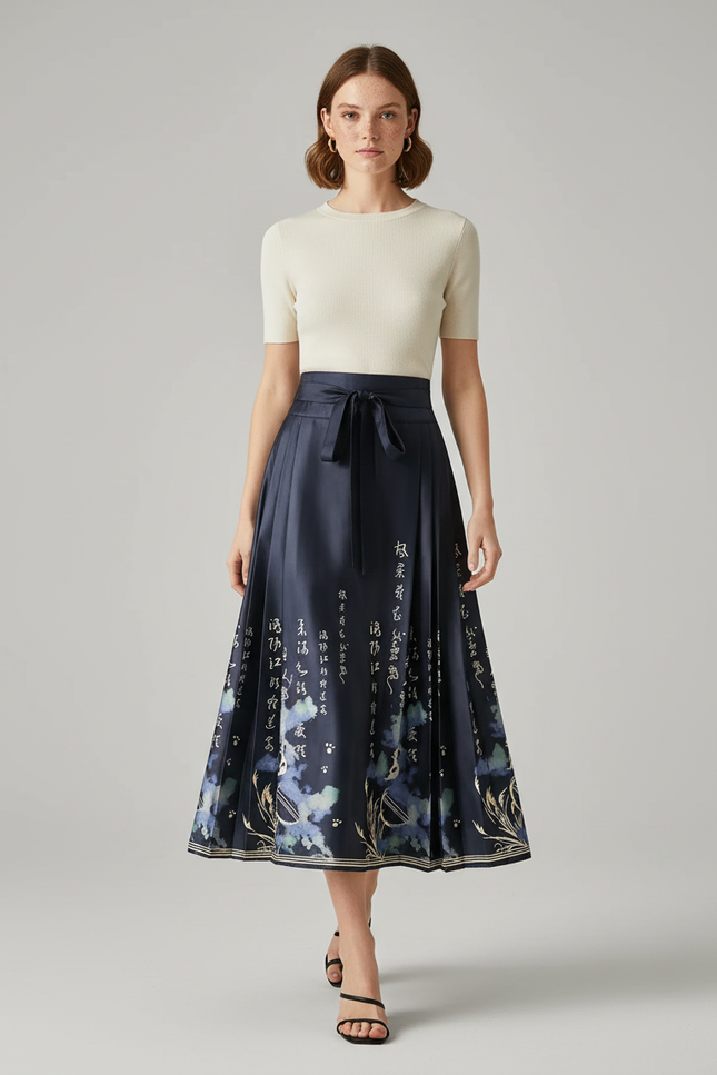 Jupe Longue Plissée Motifs Chinois Élégante