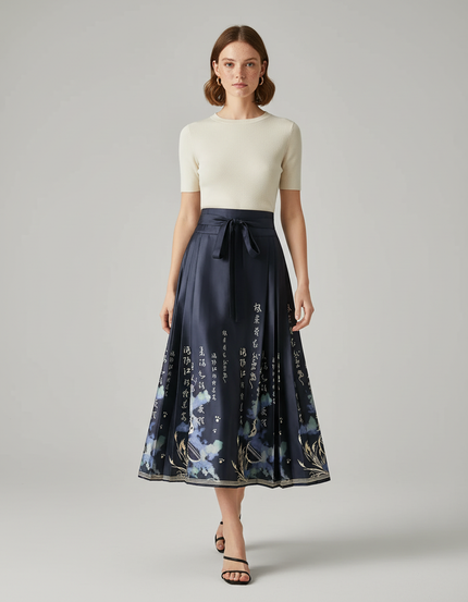 Jupe Longue Plissée Motifs Chinois Élégante