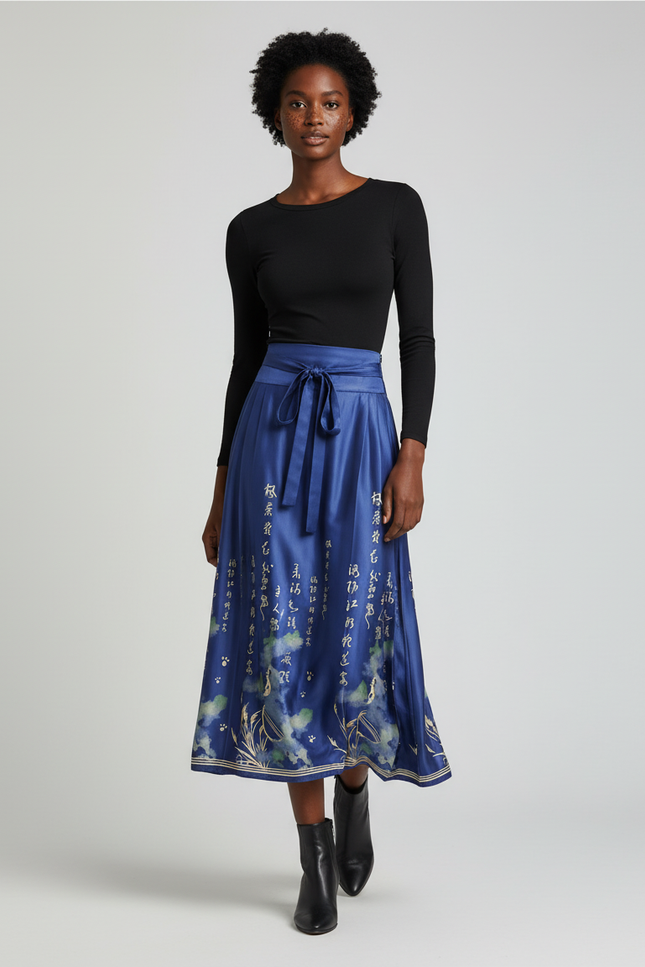 Jupe Longue Bleue Imprimée Chinoise