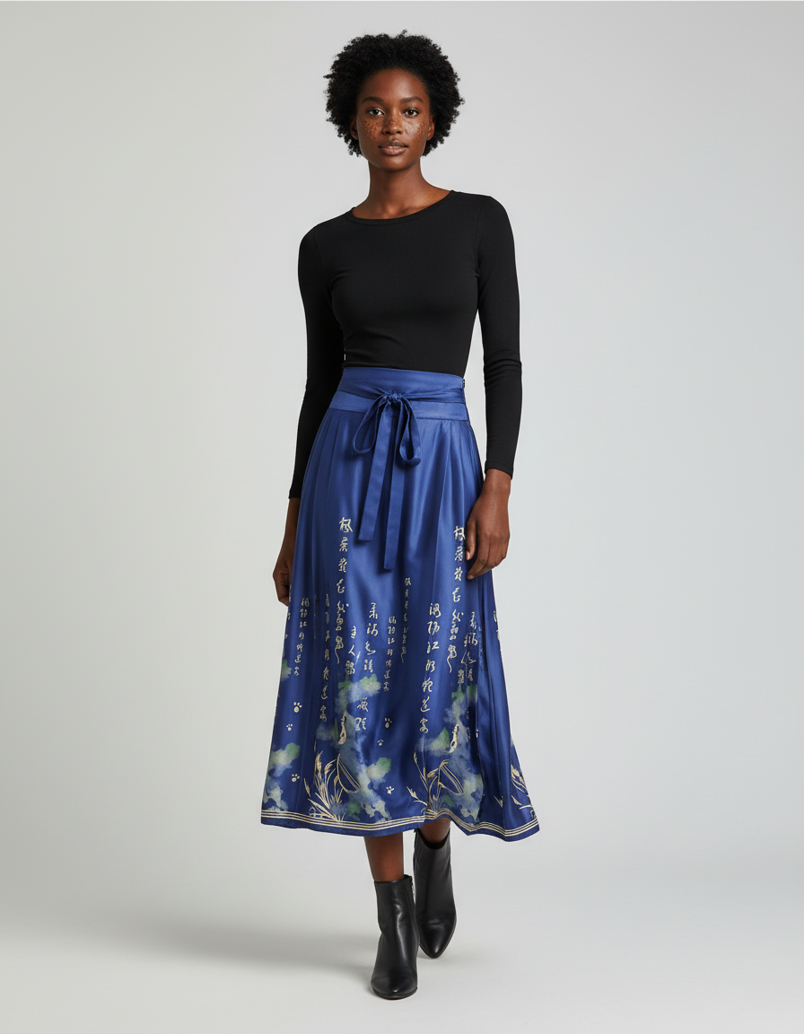 Jupe Longue Bleue Imprimée Chinoise