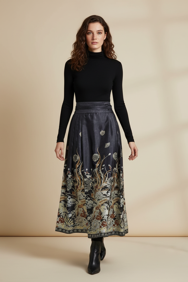 Jupe Longue Plissée Imprimée Florale Élégante