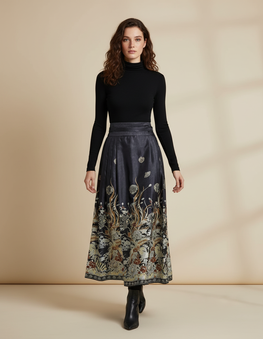 Jupe Longue Plissée Imprimée Florale Élégante