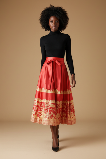 Jupe Longue Rouge Motifs Dorés Plissée