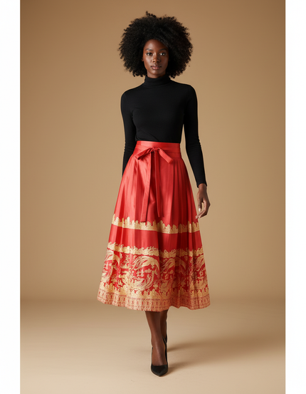 Jupe Longue Rouge Motifs Dorés Plissée