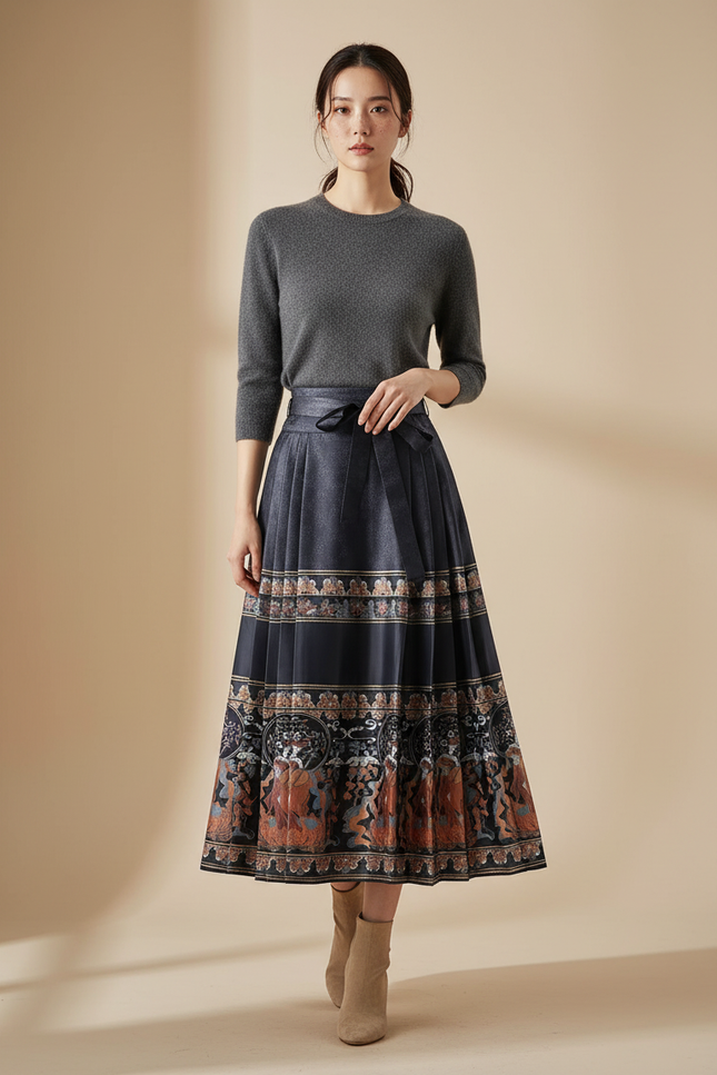 Jupe Longue Plissée Motif Ethnique Élégante