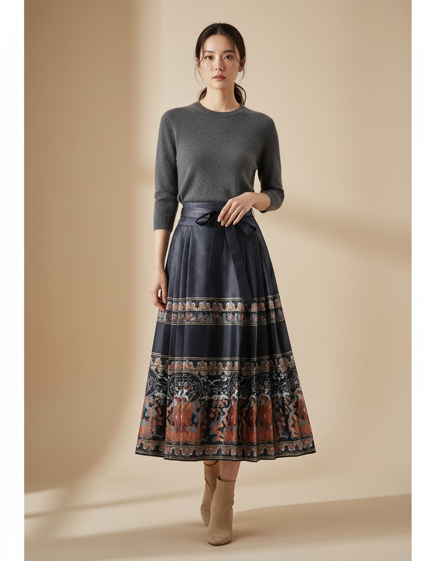 Jupe Longue Plissée Motif Ethnique Élégante