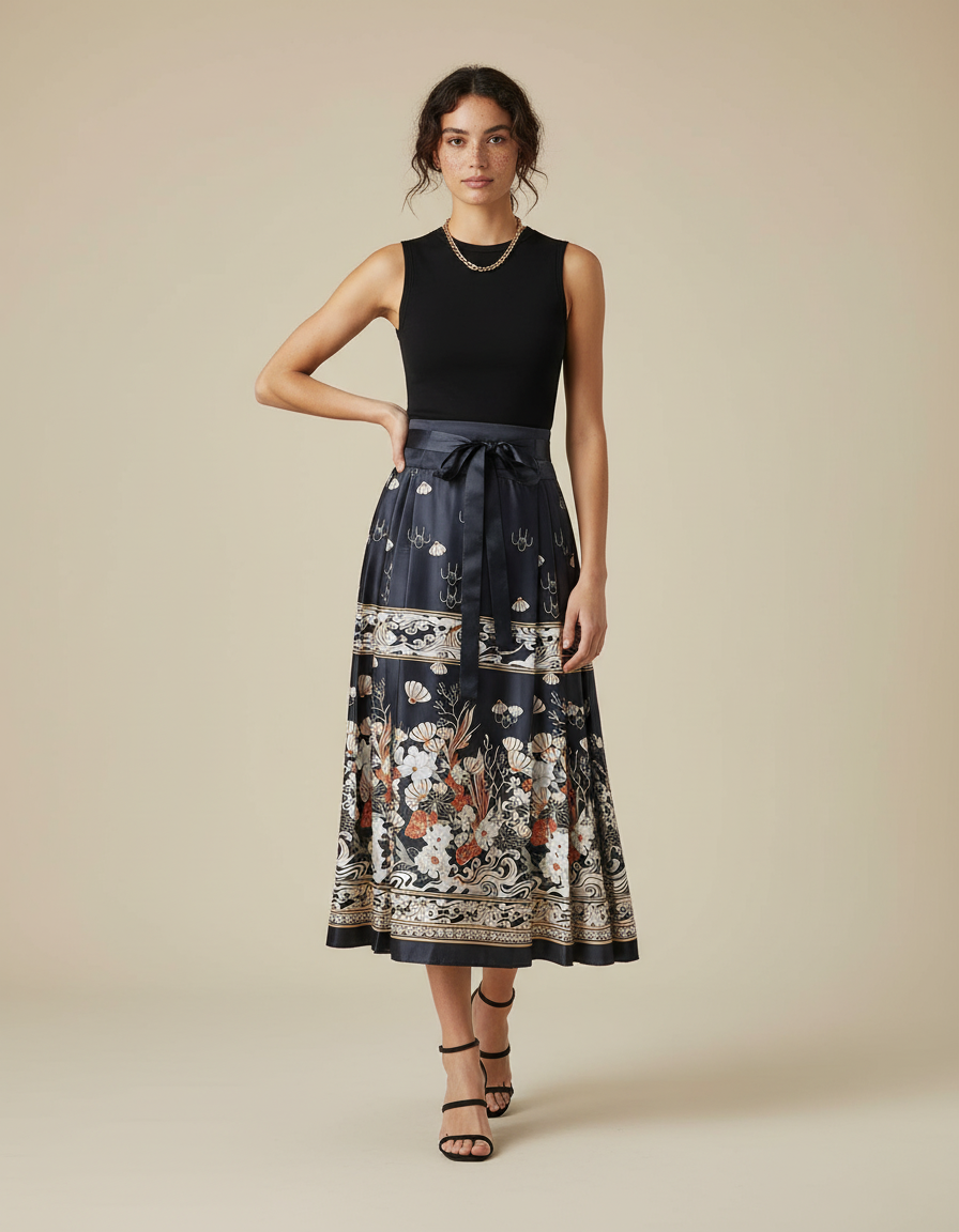 Jupe Longue Plissée Élégante À Motifs Floraux