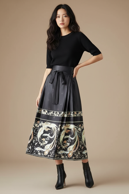 Jupe Longue Plissée Élégante Motif Ethnique