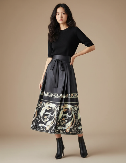 Jupe Longue Plissée Élégante Motif Ethnique