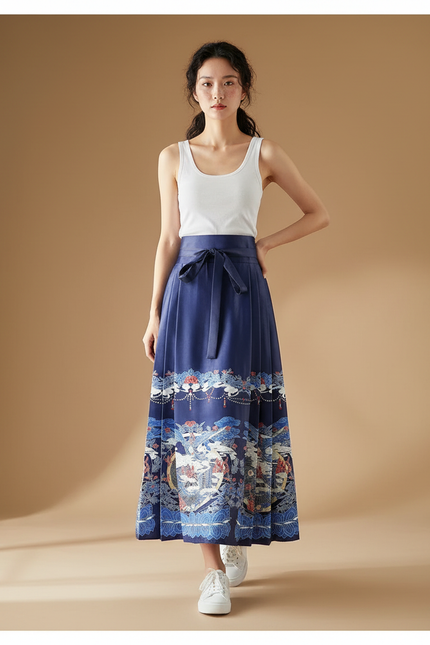 Jupe Longue Plissée Imprimée Chinoise Élégante