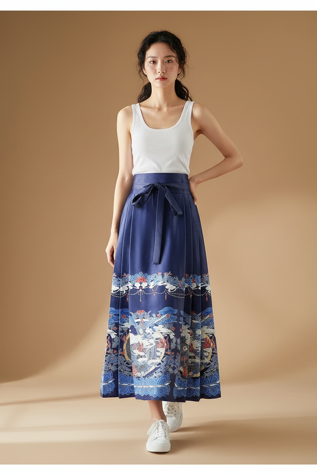 Jupe Longue Plissée Imprimée Chinoise Élégante