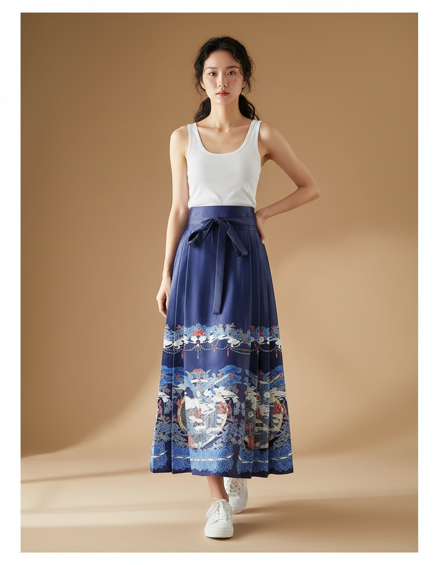 Jupe Longue Plissée Imprimée Chinoise Élégante