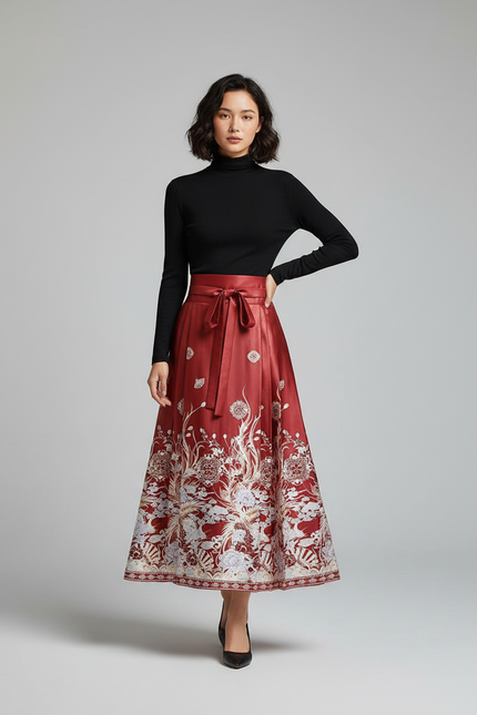 Jupe Longue Plissée Motifs Chinois Élégante Originale