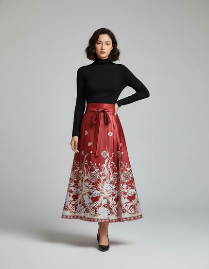 Jupe Longue Plissée Motifs Chinois Élégante Originale