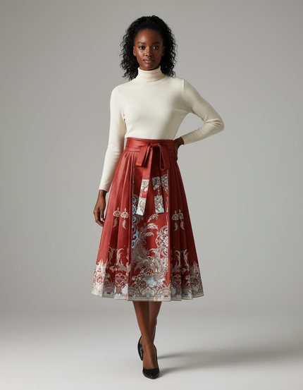 Jupe Longue Plissée Motifs Ethniques Élégante