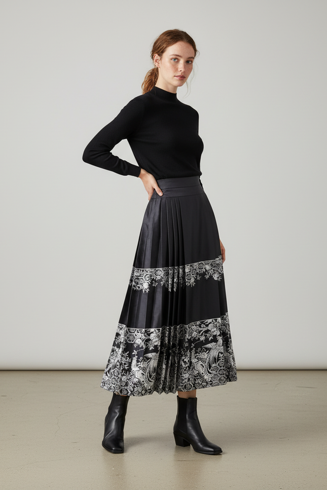 Jupe Longue Plissée Motif Ethnique Élégante Bohème