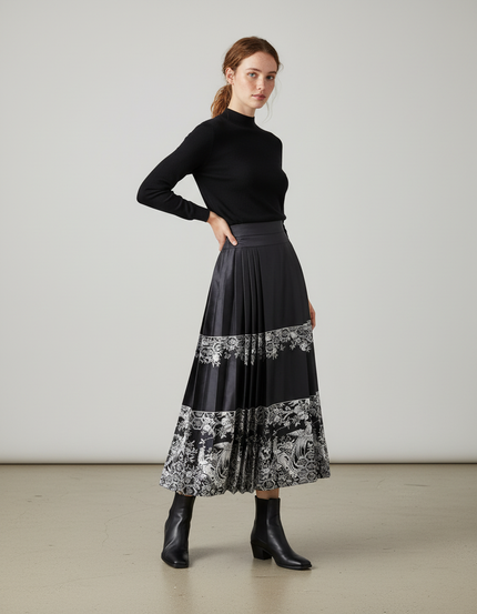 Jupe Longue Plissée Motif Ethnique Élégante Bohème