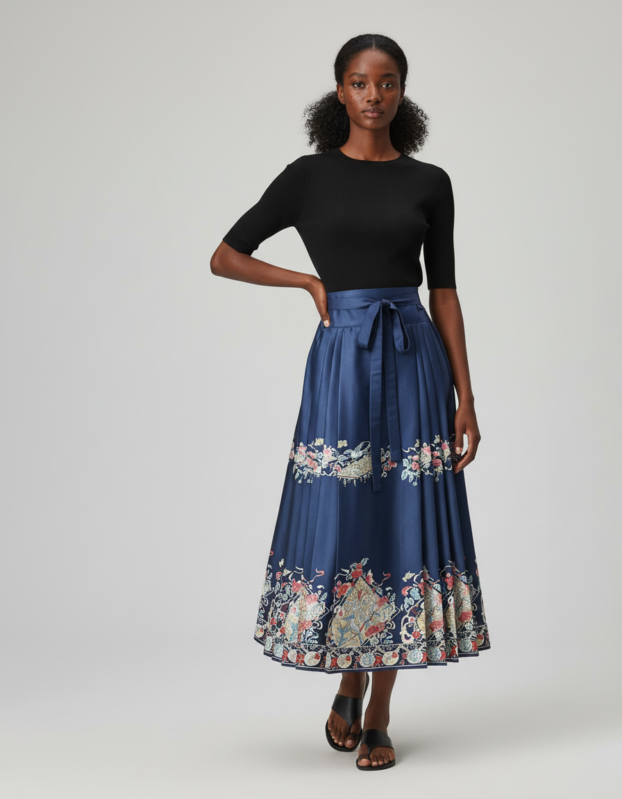 Jupe Longue Plissée Motifs Ethniques Élégante Chic