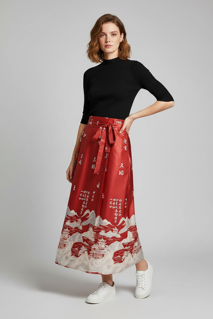 Jupe Longue Rouge À Motif Chinois Élégante