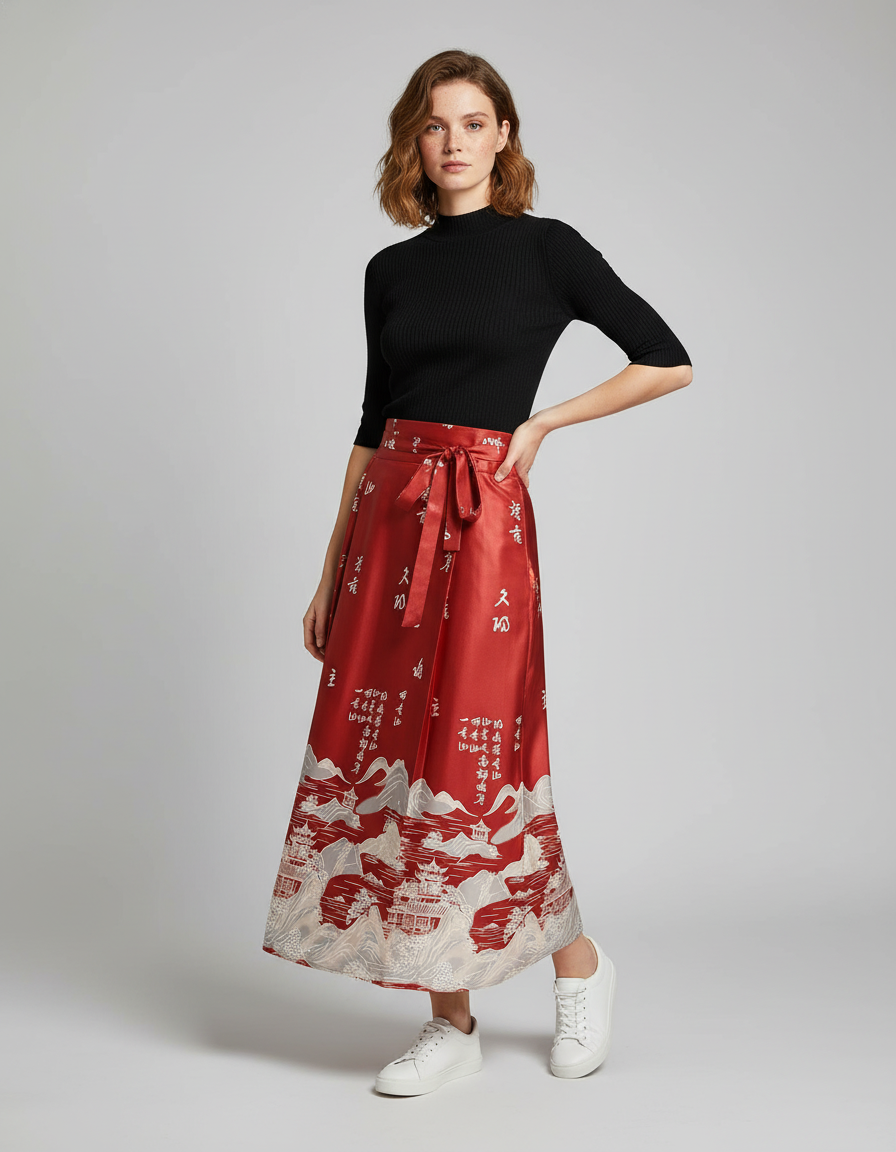 Jupe Longue Rouge À Motif Chinois Élégante