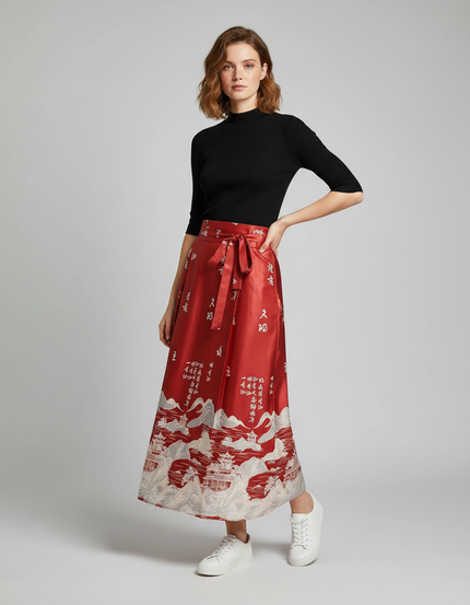 Jupe Longue Rouge À Motif Chinois Élégante