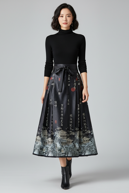 Jupe Longue Plissée Imprimé Chinois Élégante
