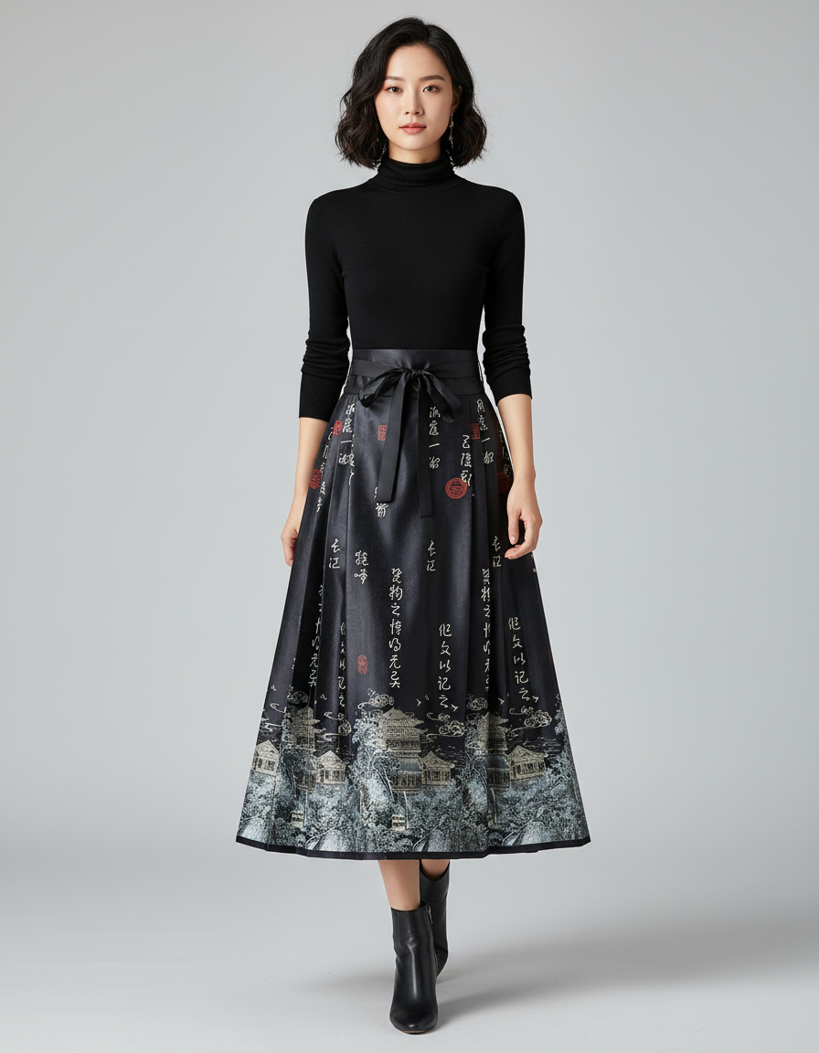 Jupe Longue Plissée Imprimé Chinois Élégante