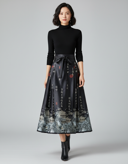 Jupe Longue Plissée Imprimé Chinois Élégante
