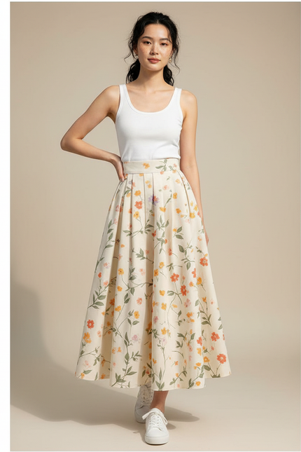 Jupe Longue Crème Fleurie Chic