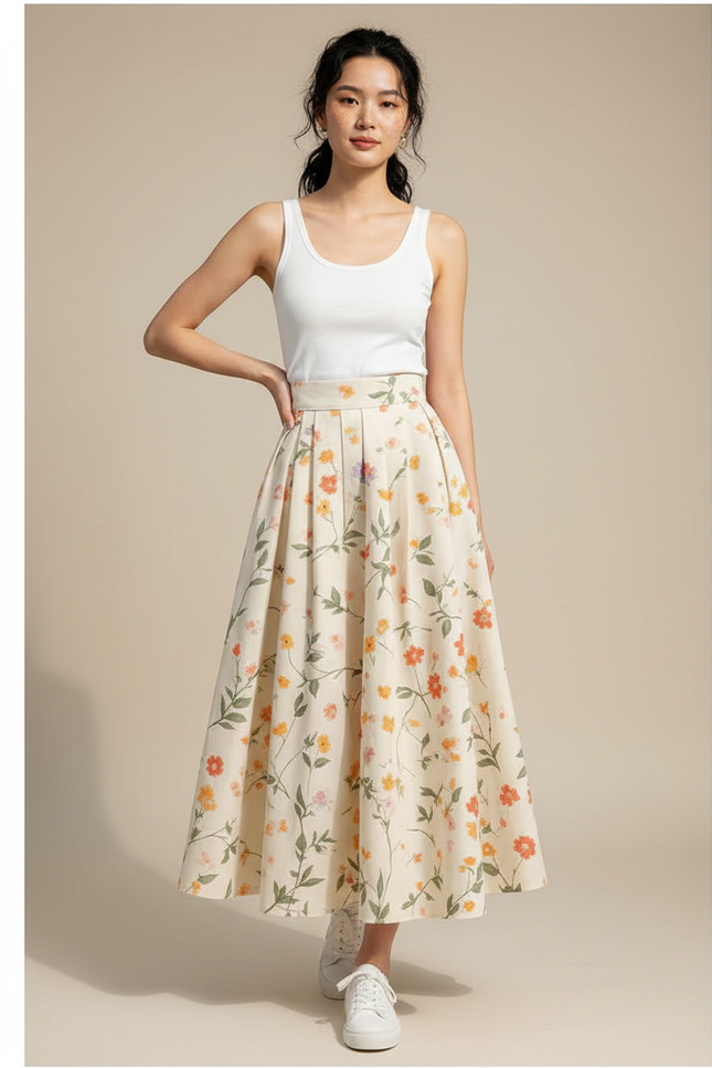 Jupe Longue Crème Fleurie Chic