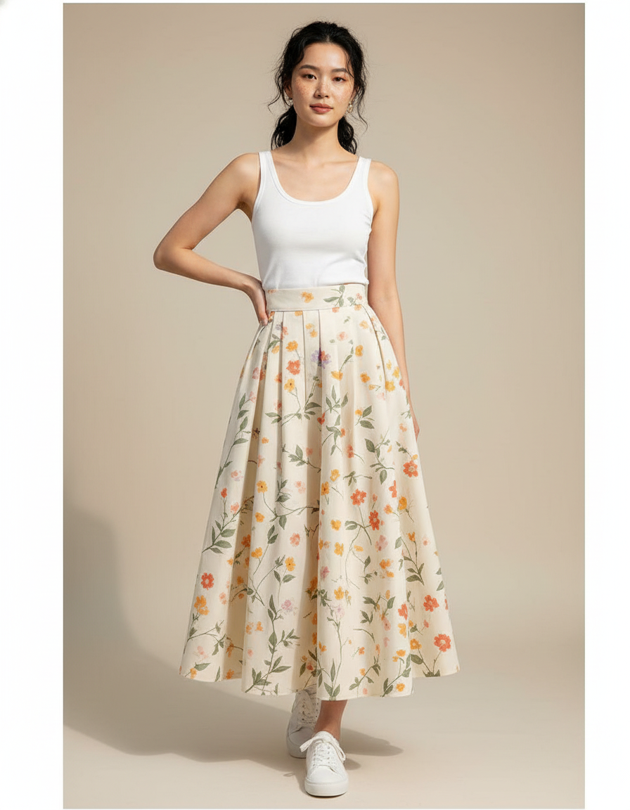 Jupe Longue Crème Fleurie Chic