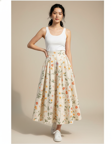 Jupe Longue Crème Fleurie Chic