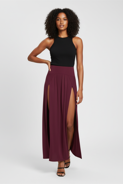 Jupe Longue Fluide Bordeaux Double Fente