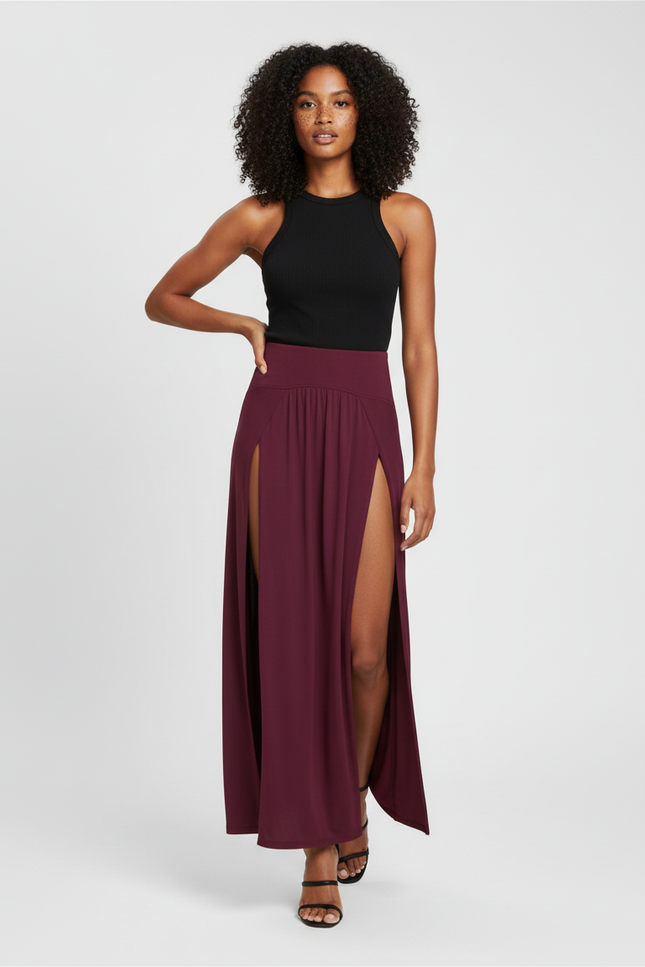 Jupe Longue Fluide Bordeaux Double Fente