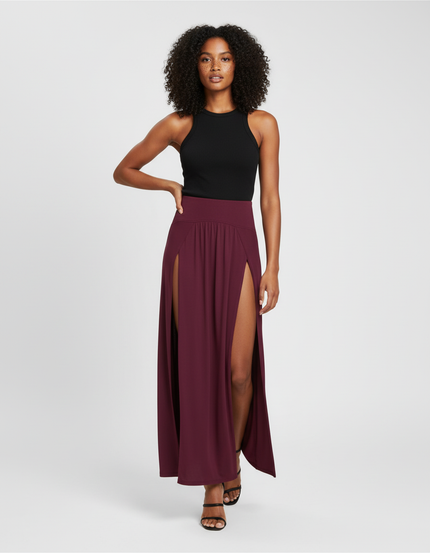 Jupe Longue Fluide Bordeaux Double Fente