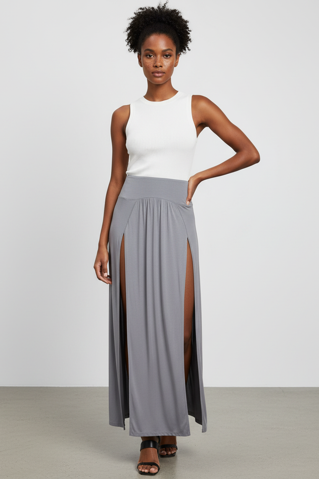 Jupe Longue Grise Double Fente Fluide