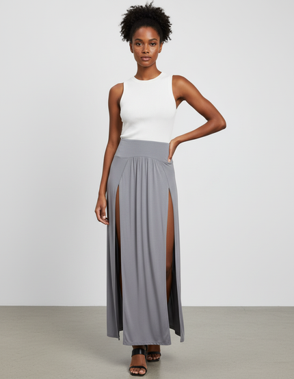 Jupe Longue Grise Double Fente Fluide