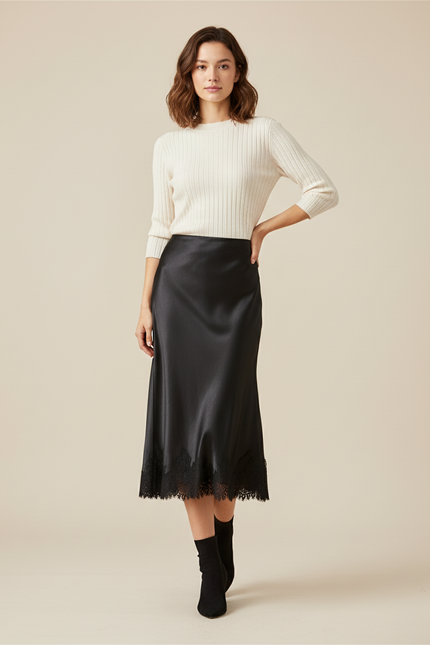 Jupe Longue Satin Dentelle Élégante Femme