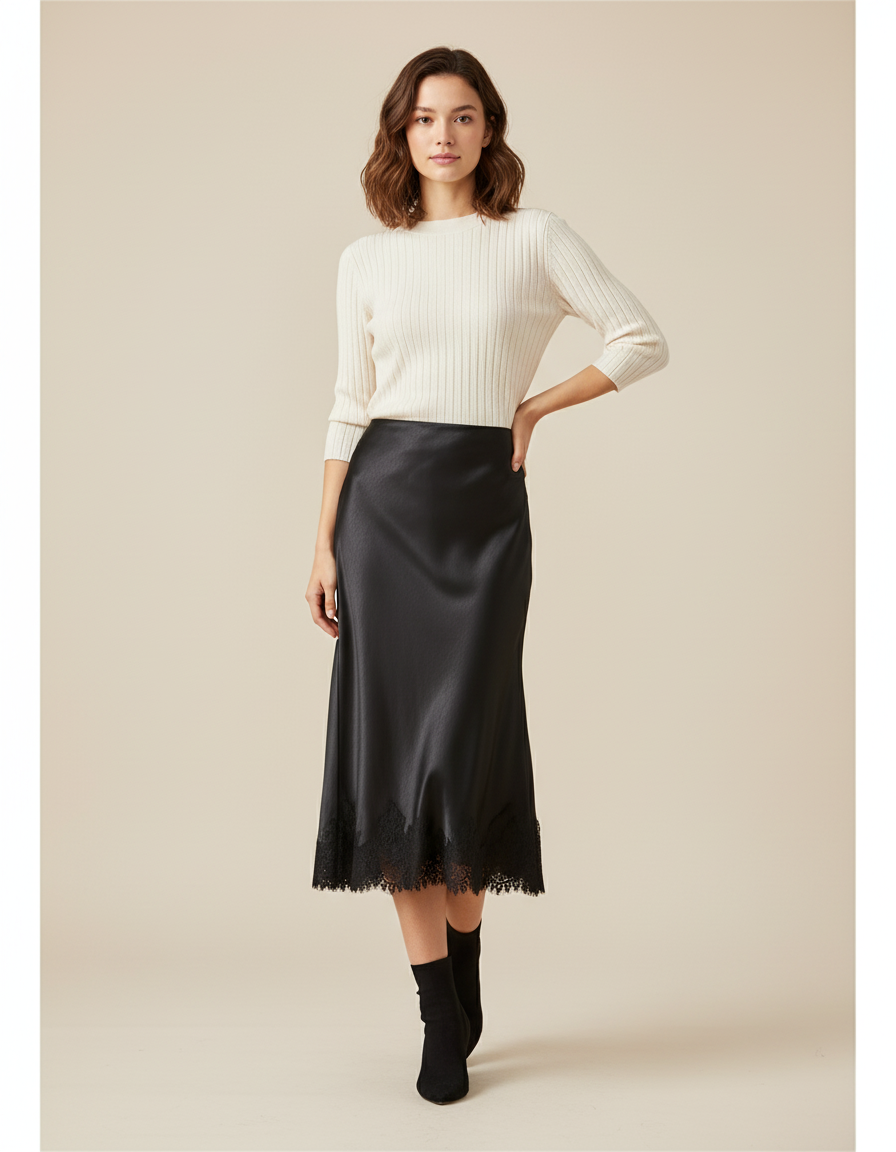 Jupe Longue Satin Dentelle Élégante Femme
