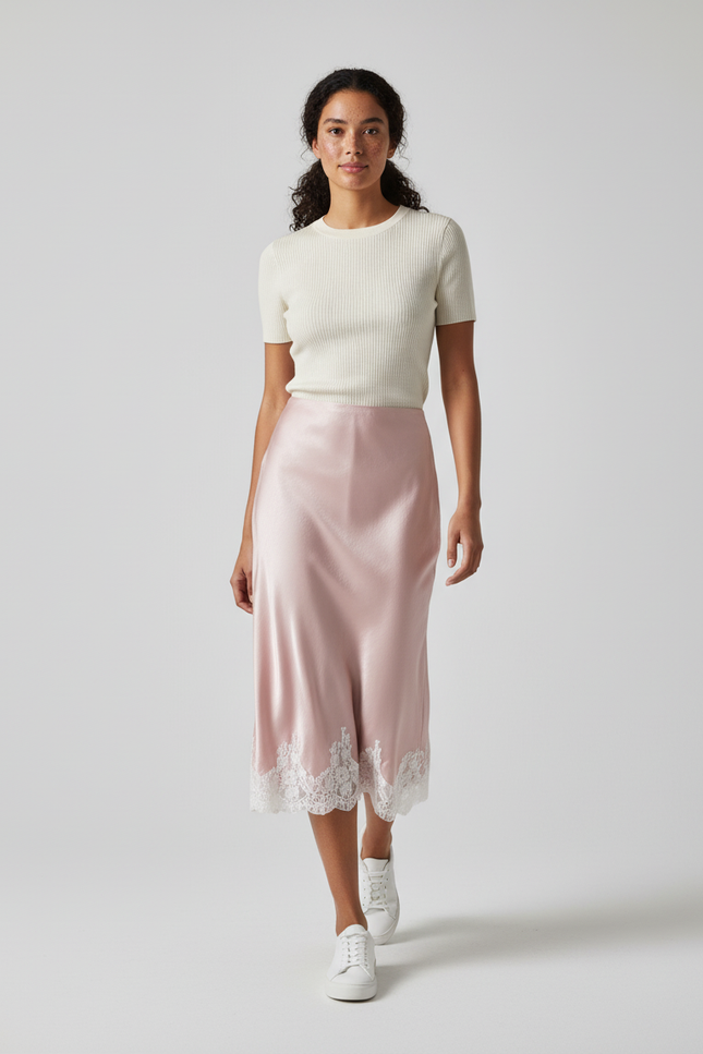 Jupe Longue Satin Rose Dentelle Élégante