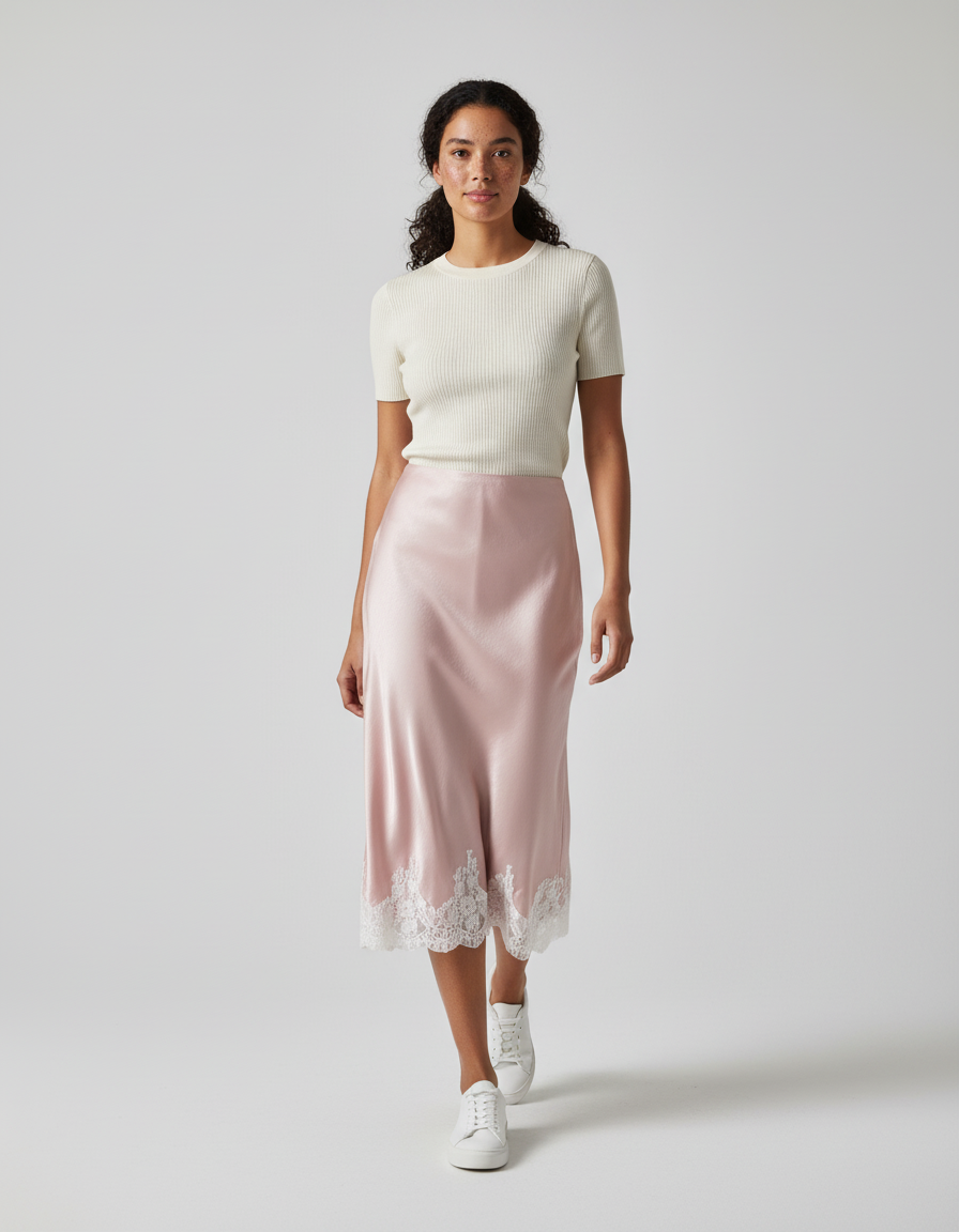 Jupe Longue Satin Rose Dentelle Élégante