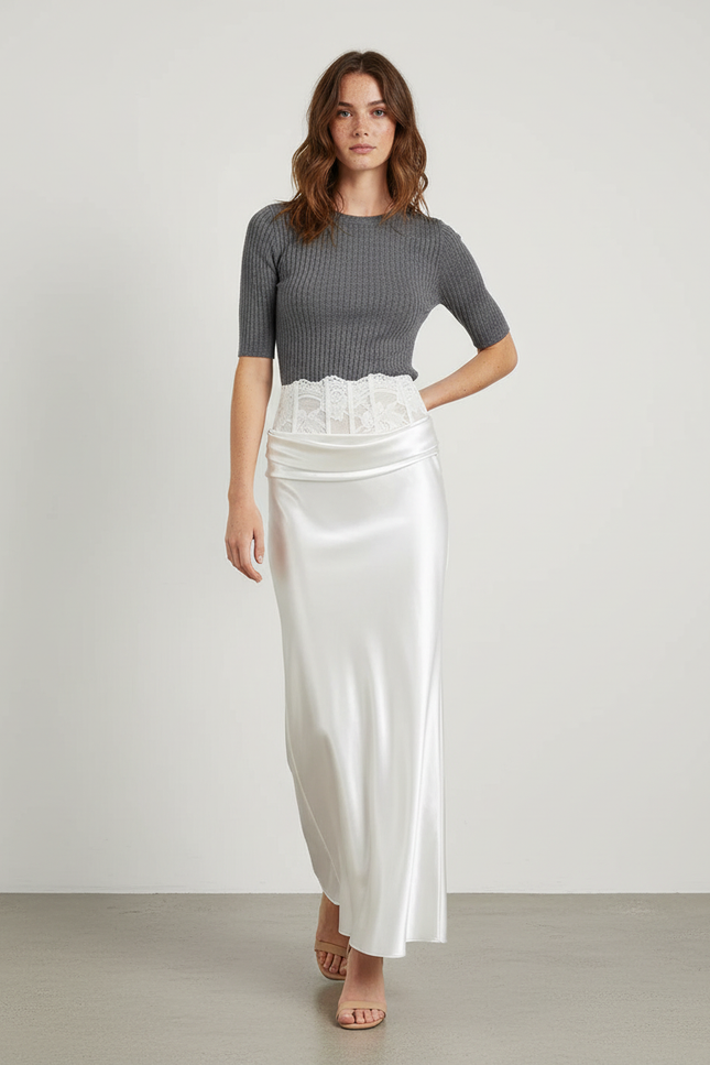 Jupe Longue Blanche Satinée Dentelle Élégante