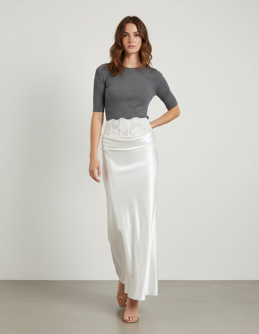 Jupe Longue Blanche Satinée Dentelle Élégante