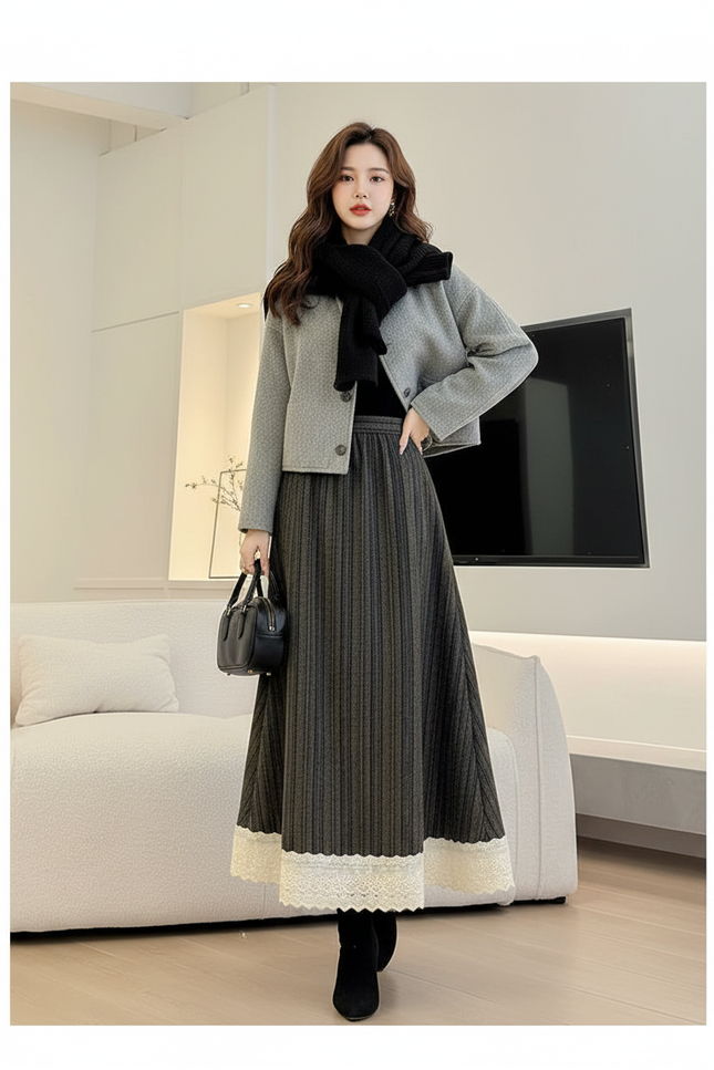 Jupe Longue Grise Côtelée Dentelle Élégante