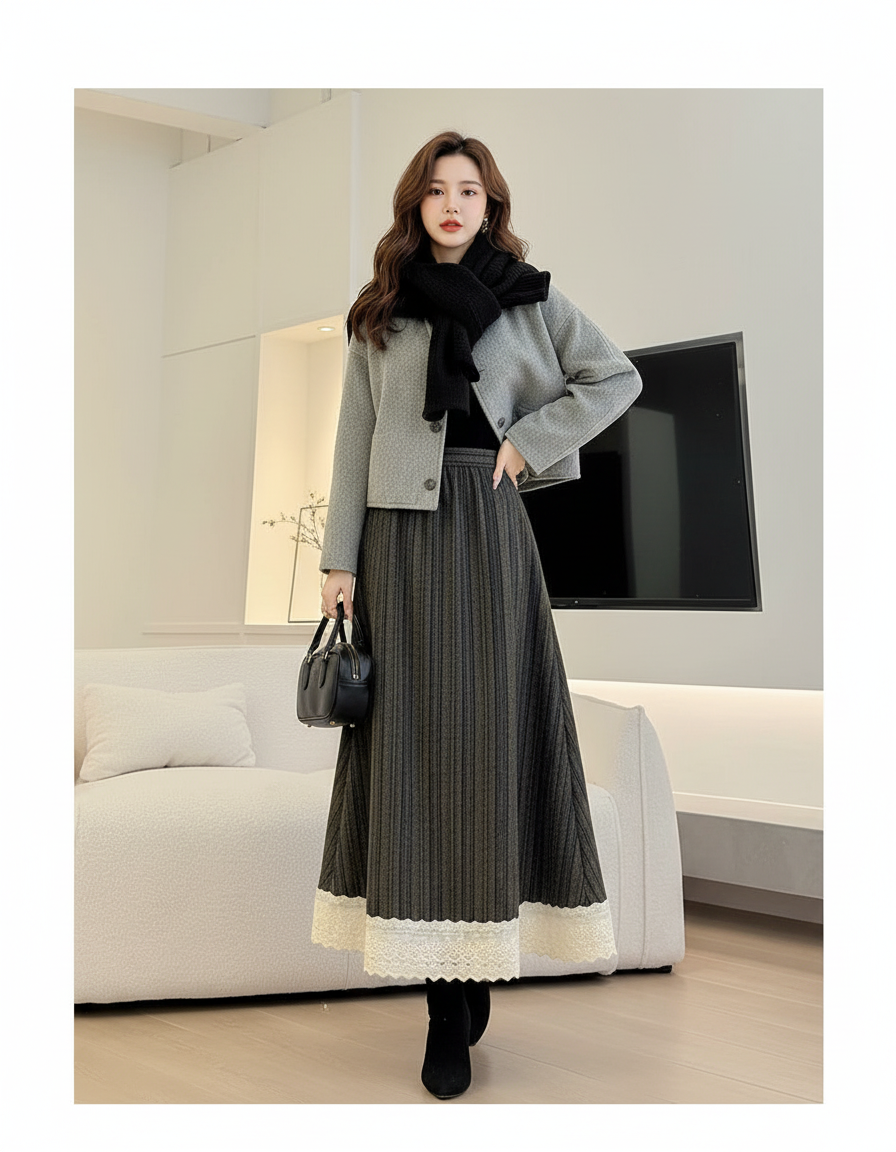 Jupe Longue Grise Côtelée Dentelle Élégante