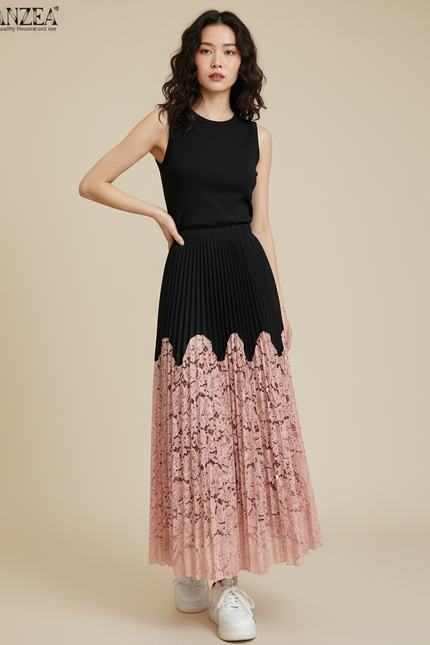 Jupe Longue Plissée Dentelle Élégante