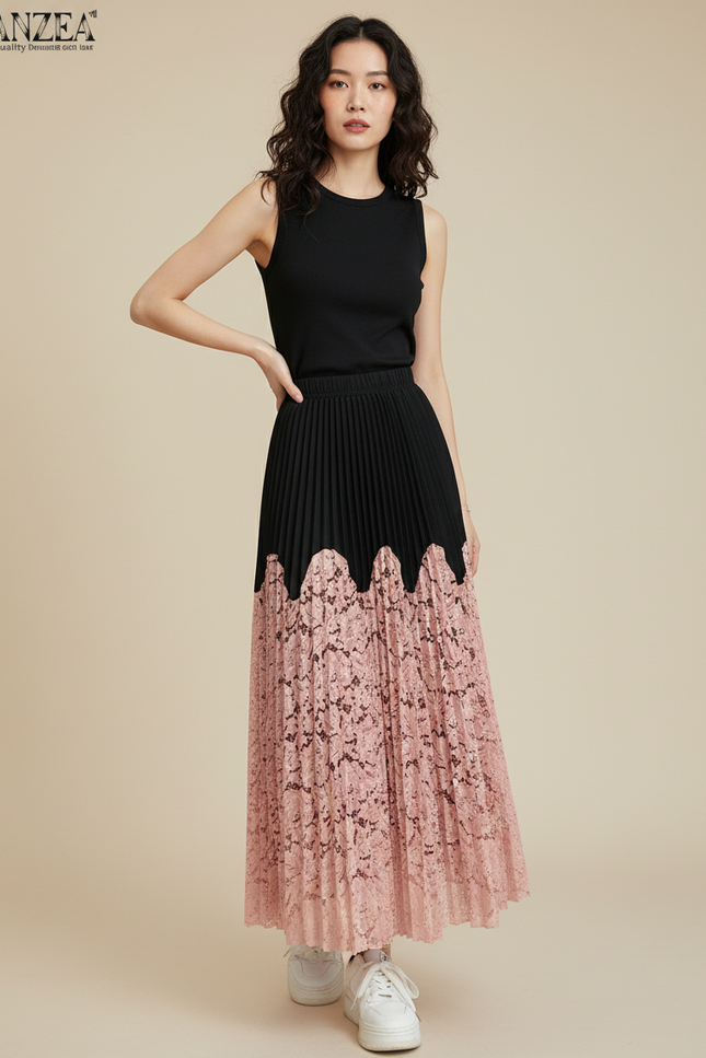 Jupe Longue Plissée Dentelle Élégante