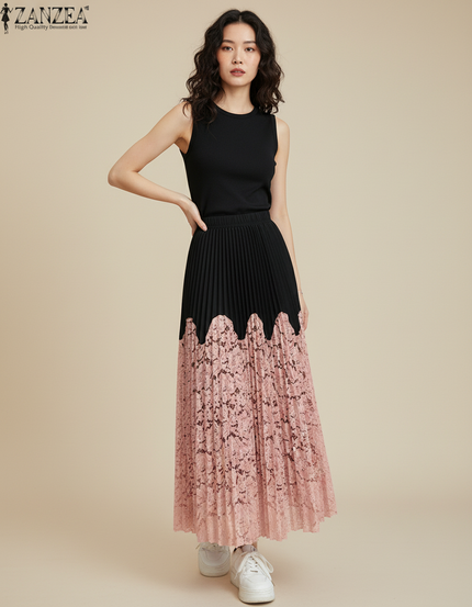 Jupe Longue Plissée Dentelle Élégante